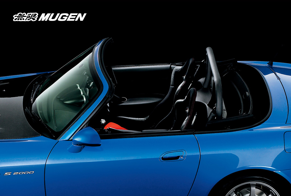 Unpainted Mugen Rear Roll Bar Cover installed in Honda S2000, seamlessly integrating the roll bar with the interior
