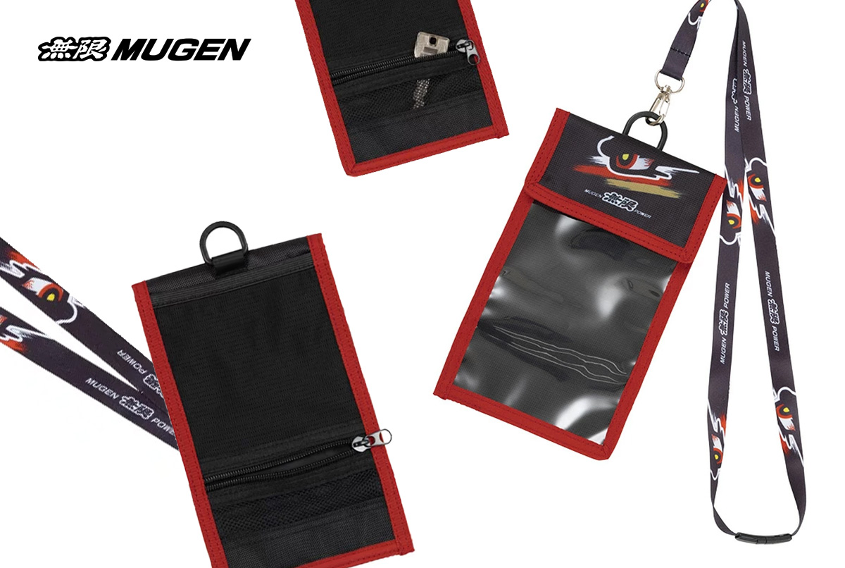 A black and red Team Mugen Credential Case, featuring the "Commander Eye" symbol and Mugen logo on the front flap, with a transparent ID window visible and two small pockets on the back.