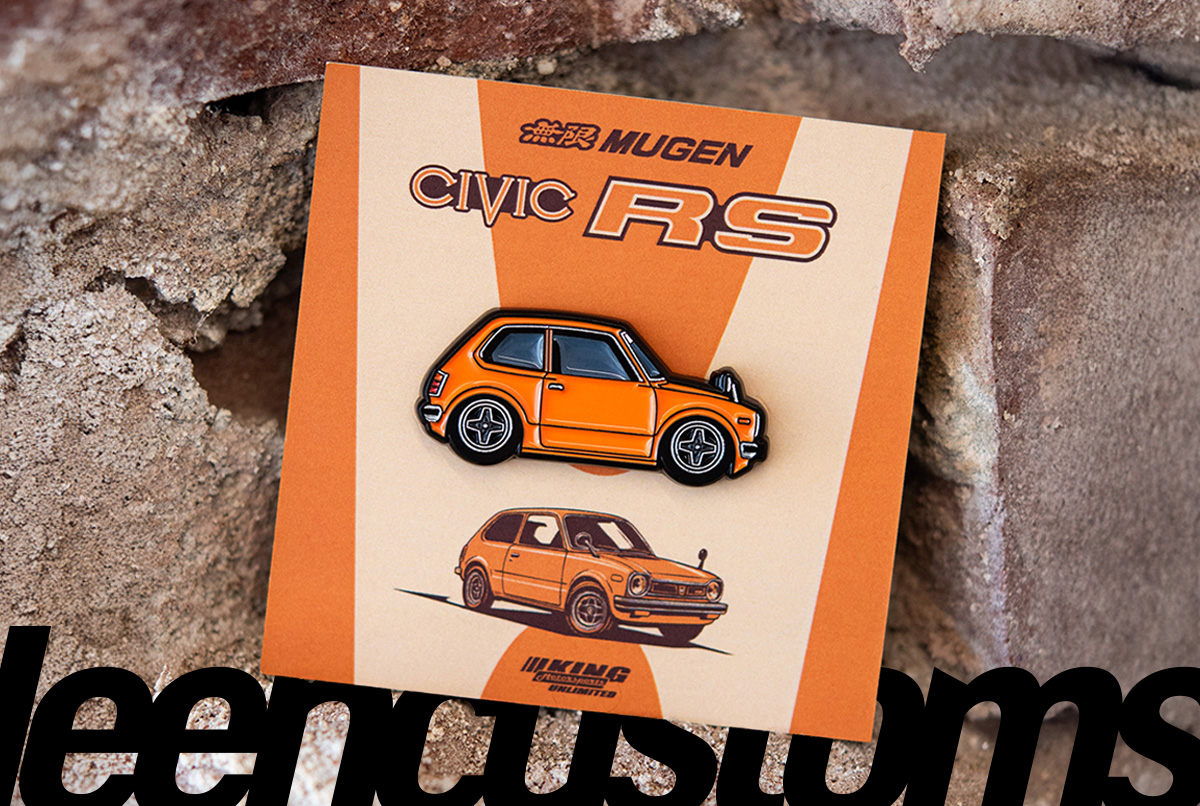 Leen Customs x King Motorsports x Mugen Civic RS Limited Edition Pin, a detailed enamel pin depicting the classic red Honda Civic RS with "RS" badging. The pin is individually numbered on the back, highlighting its collectible status and official Honda and Mugen licensing.
