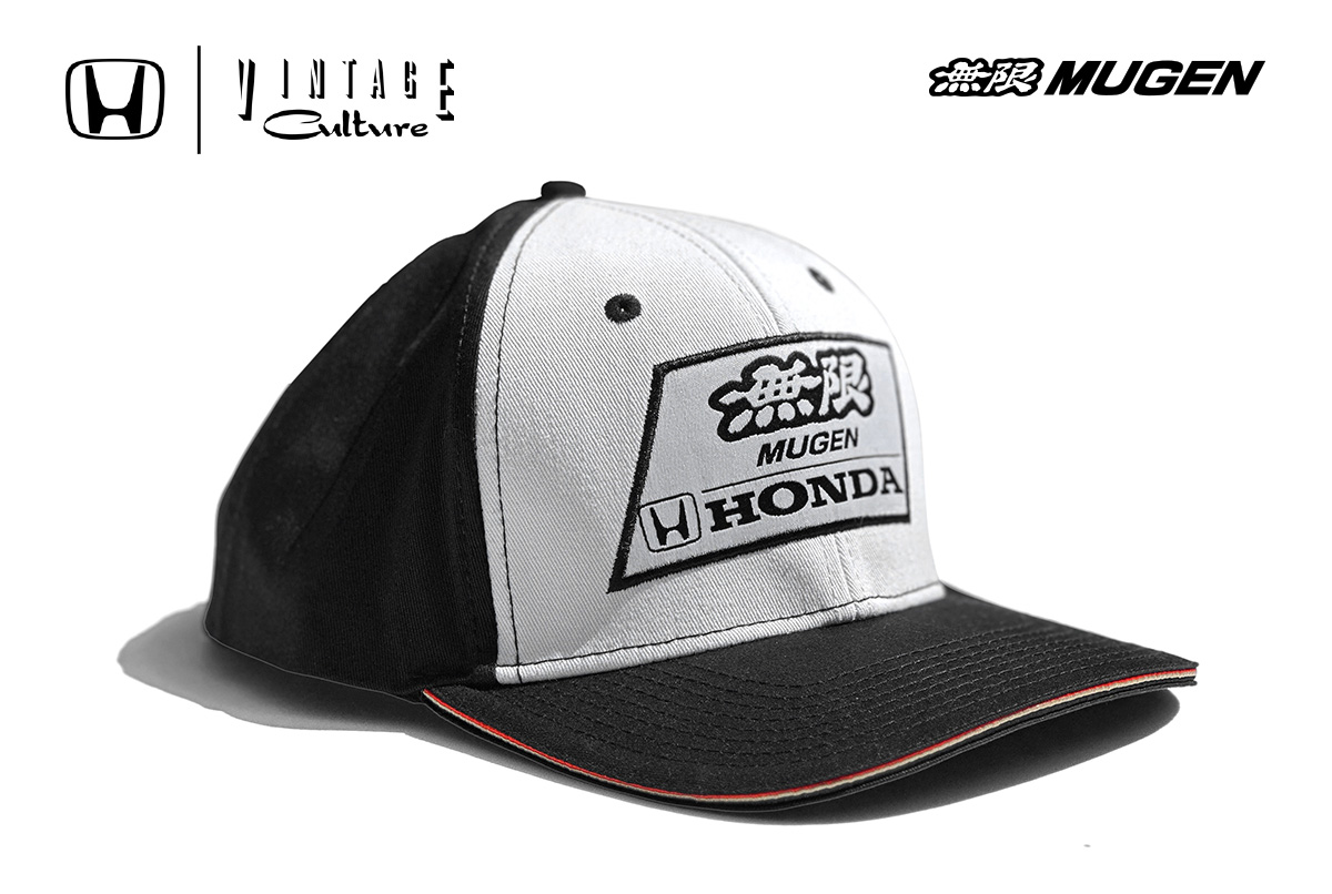 Authentic 1996 Mugen-Honda F1 Team black and white snapback hat with tricolor stripe.