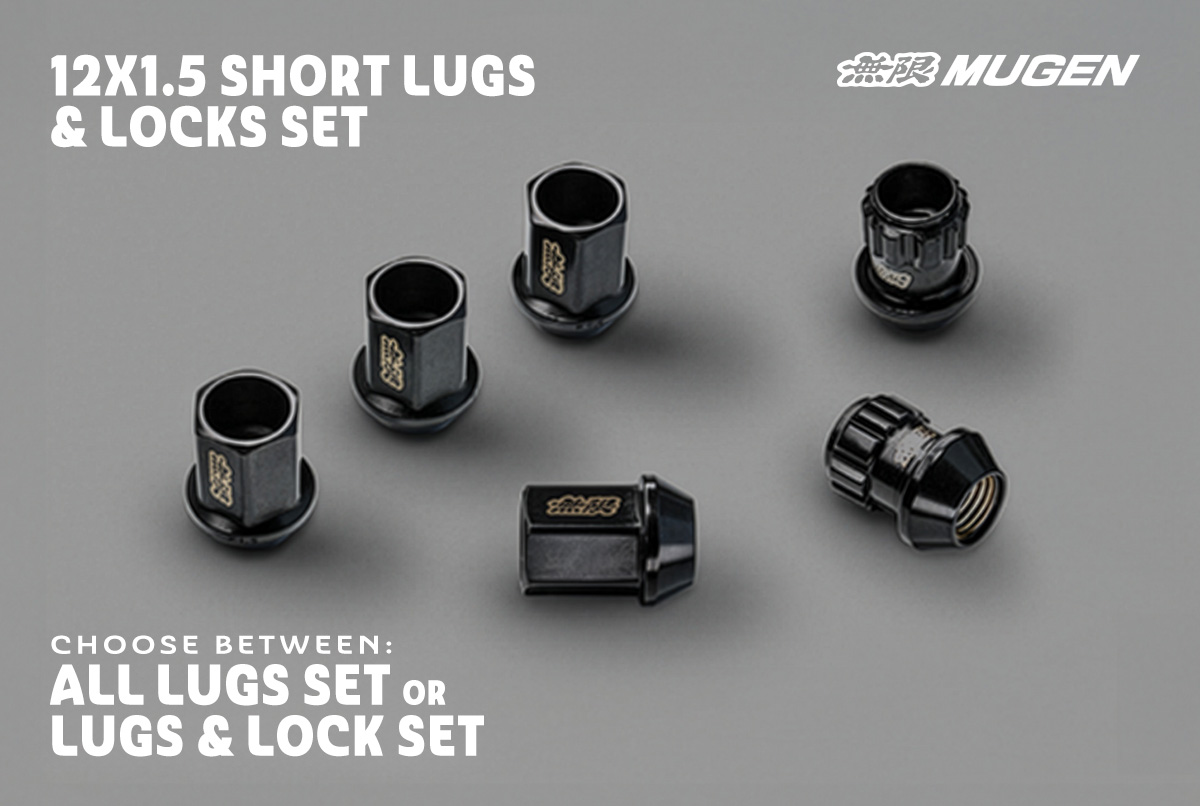 A set of gold-logoed Mugen Racing Lug Nuts and matching Wheel Locks, made from SCM435 steel, arranged on a black background, highlighting their dark finish and engraved details.