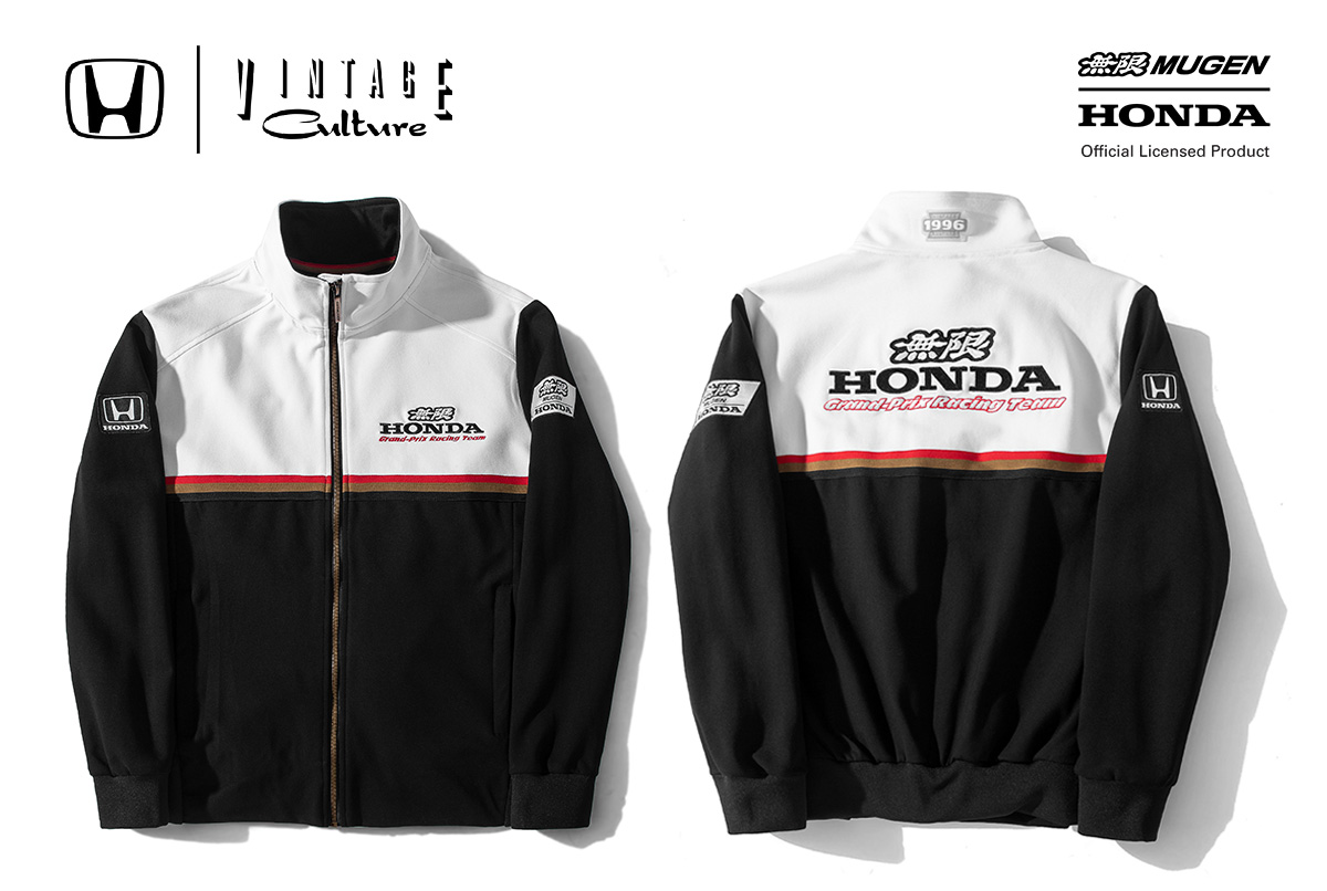 A black and white lightweight jacket with Mugen and Honda branding, inspired by the uniforms worn by Mugen engineers during the 1996 Formula 1 season.