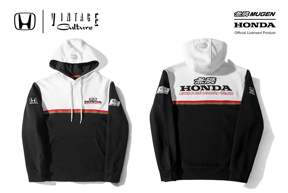 Hoodie with Mugen and Honda branding, inspired by the uniforms worn by Mugen engineers during the 1996 Formula 1 season.