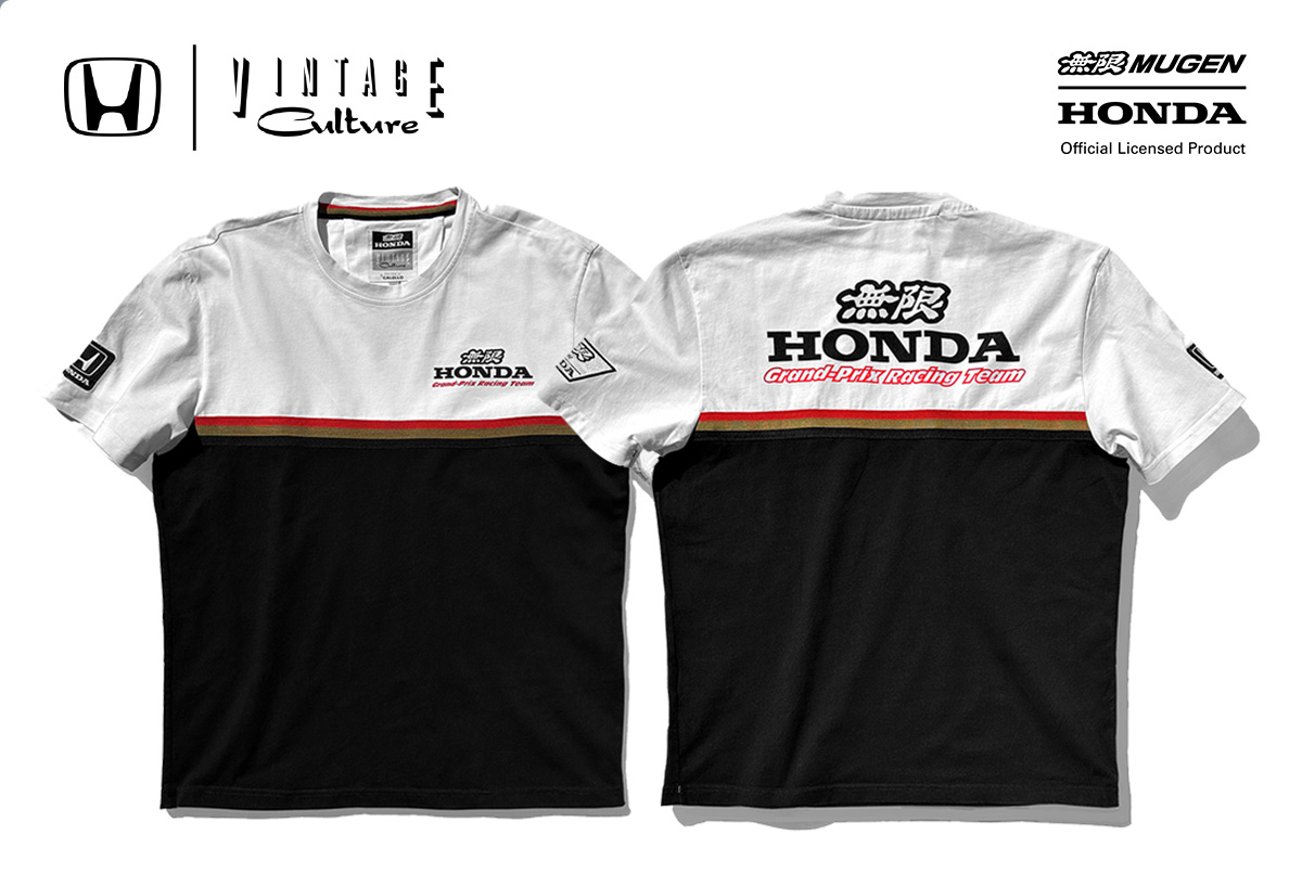 T-shirt with Mugen and Honda branding, inspired by the uniforms worn by Mugen engineers during the 1996 Formula 1 season.