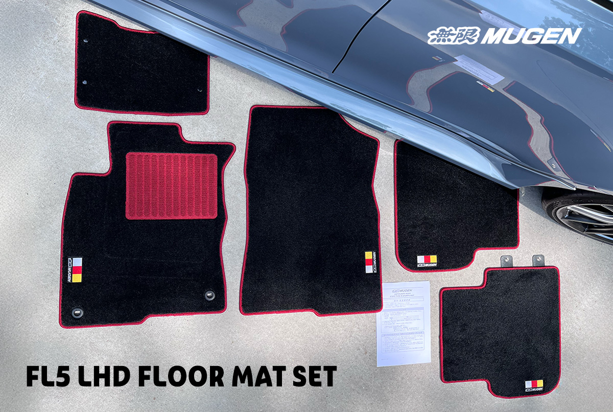Mugen Sport Floor Mat Set for 11th Gen Honda Civic FL1 and FL5 Civic Type R, featuring black mats with red edges and embroidered Mugen logos.