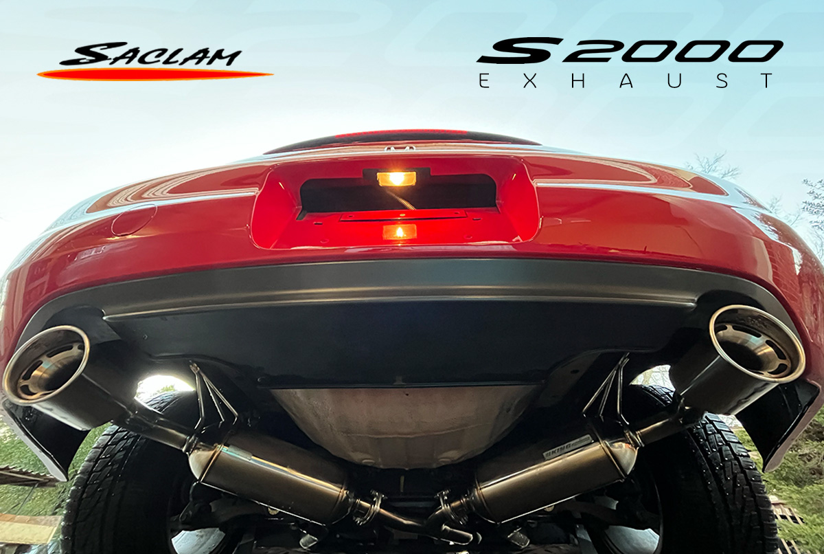 King Motorsports x Saclam S2000 stainless steel exhaust system with 60.5mm piping and high-quality welds, showing the dual silencer design.