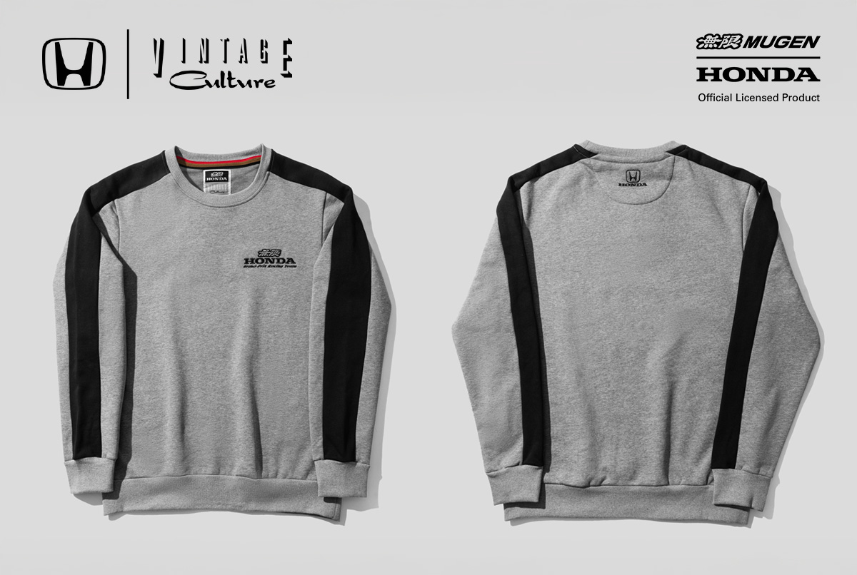 Front view of the black 2000 Mugen-Honda F1 Team Crewneck Sweatshirt featuring the authentic Mugen-Honda Formula 1 logo and period-correct automotive branding on the chest.